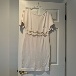 White summer dress with decorative chains in front. Size 10.